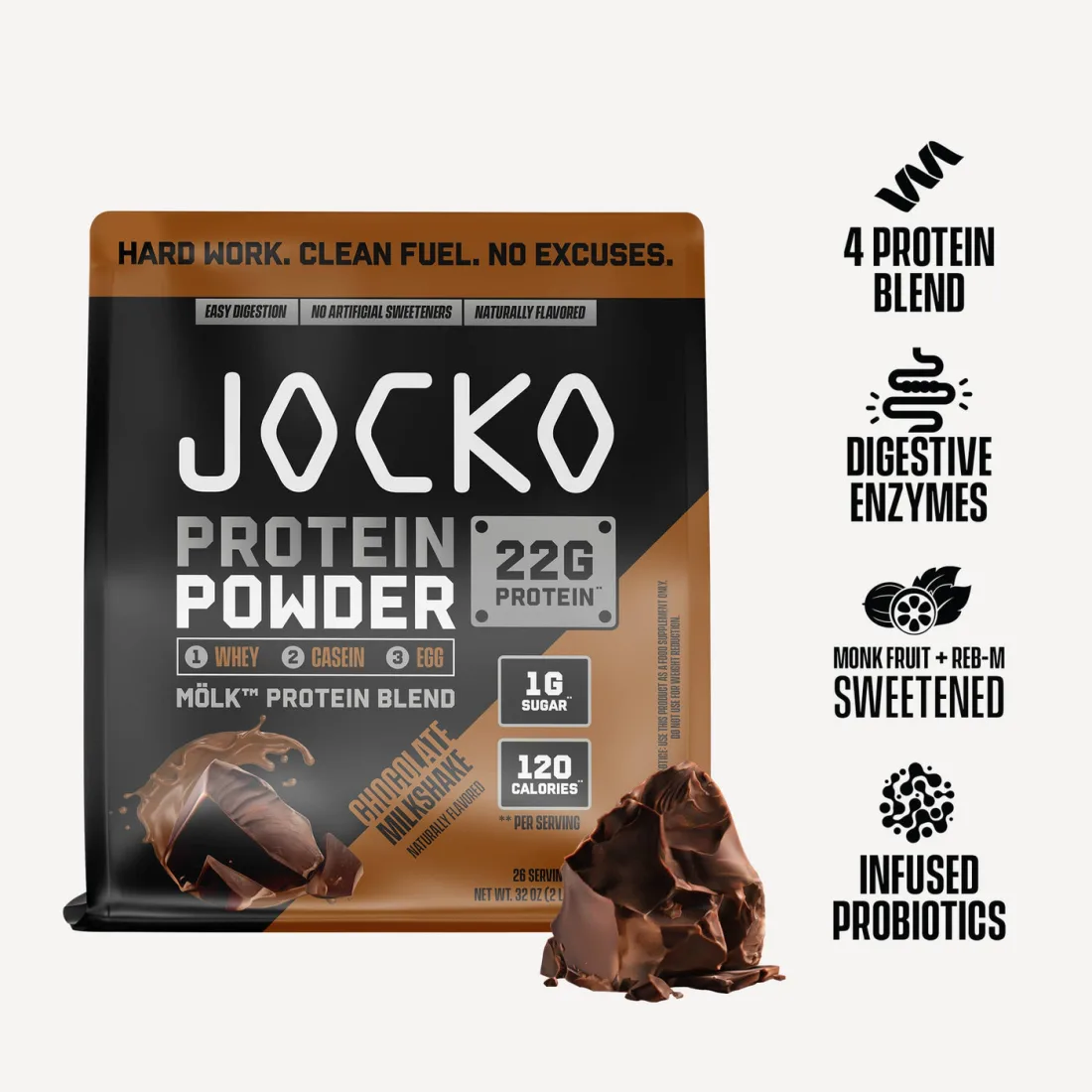 Front of the Jocko Mölk protein powder bag with 22g protein, 1g sugar and 120 calories callouts