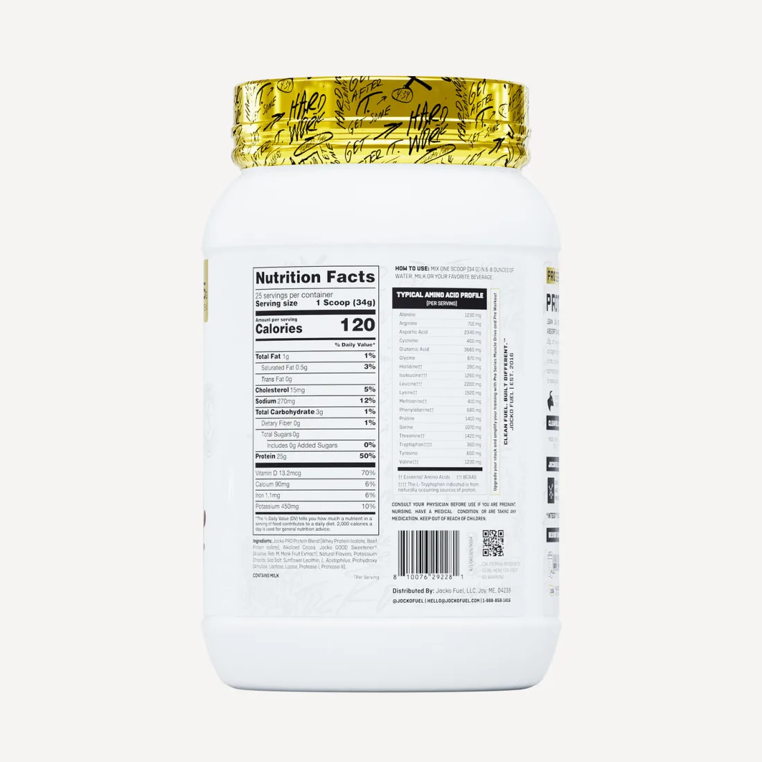 Back of the Jocko Fuel Pro Series protein isolate tub showing its Nutrition Facts panel and amino acid profile