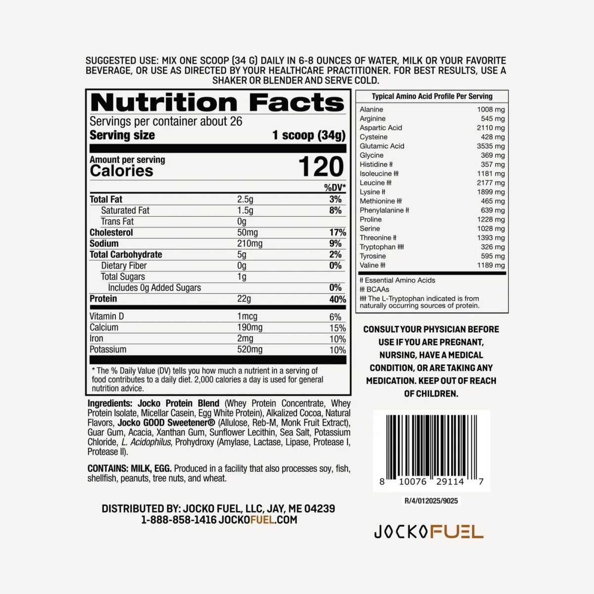 Full Nutrition Facts panel, amino acid profile and ingredient statement for Jocko Mölk chocolate milkshake