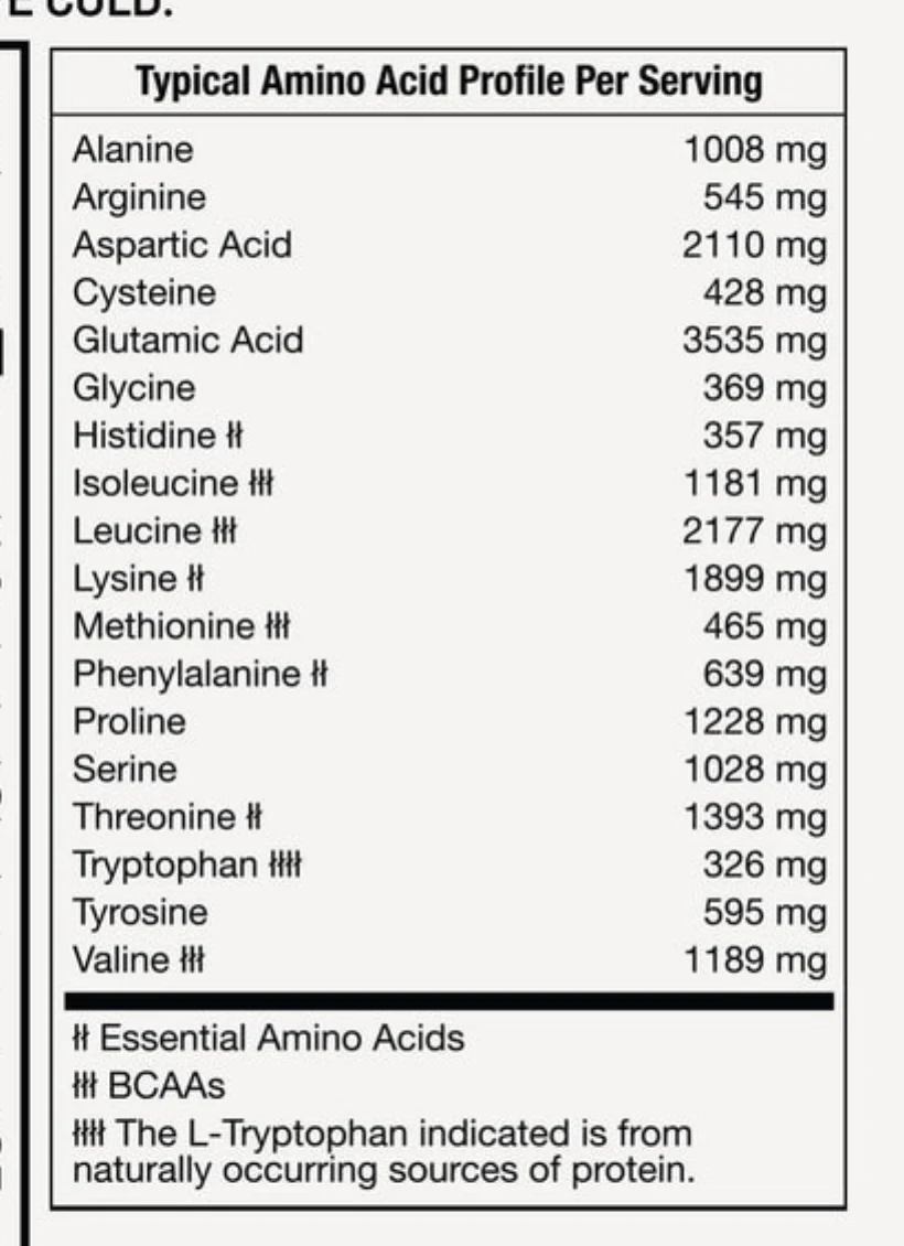 Typical amino acid profile per serving printed on the Jocko Mölk bag, eighteen amino acids with milligram amounts