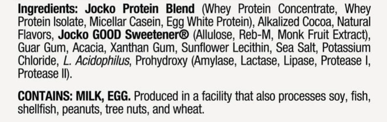 Close-up of the printed ingredient list on the Jocko Mölk protein powder bag