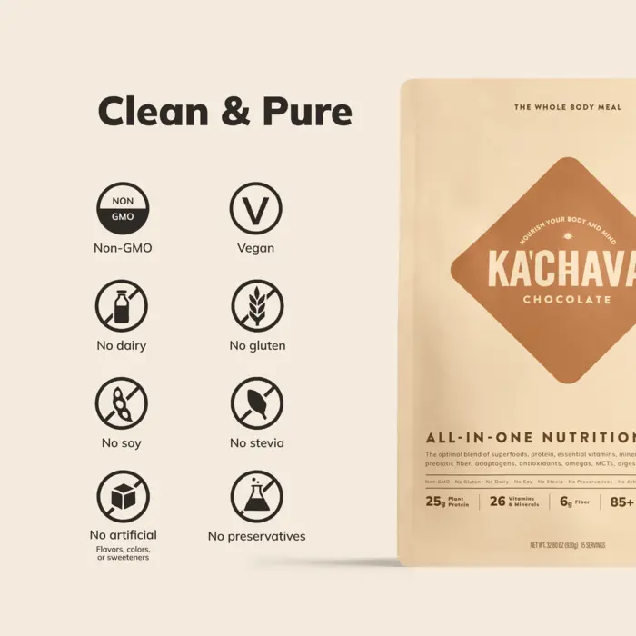 Clean and pure badge grid: non-GMO, vegan, no dairy, no gluten, no soy, no stevia, no artificial, no preservatives