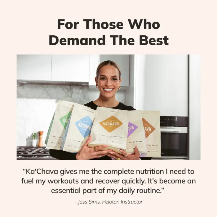Jess Sims, Peloton instructor, holding Ka'Chava bags, with her quote about complete nutrition