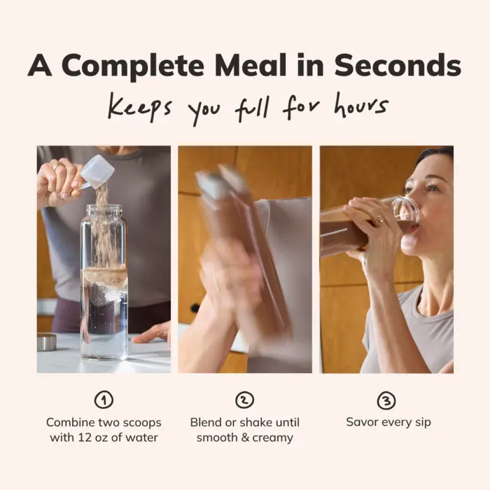 Three steps: combine two scoops with 12 ounces of water, blend or shake until smooth and creamy, drink