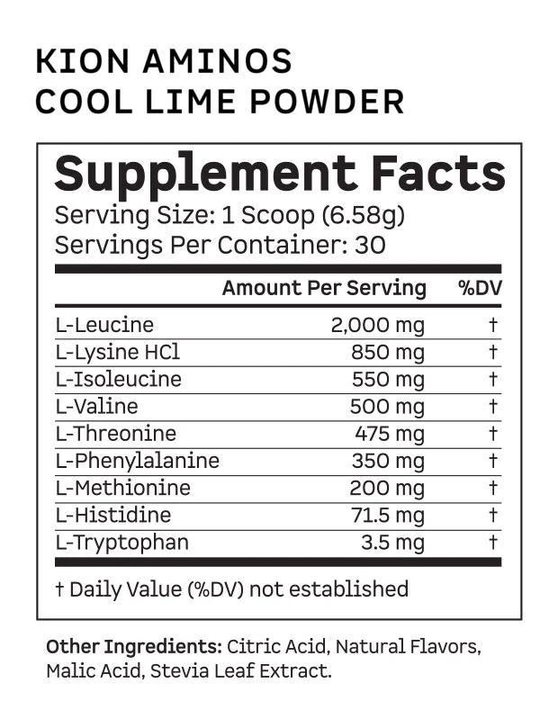 Kion Aminos Cool Lime Powder supplement facts panel listing all nine essential amino acids and their amounts