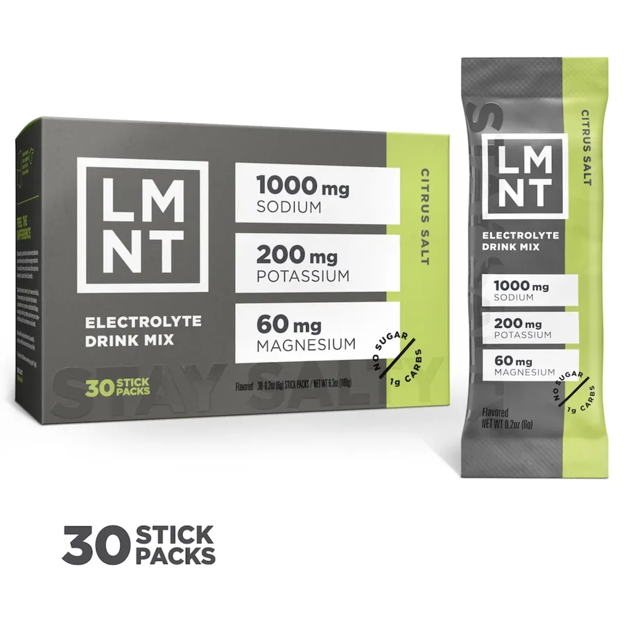 A 30 count box of LMNT Citrus Salt beside a single stick pack