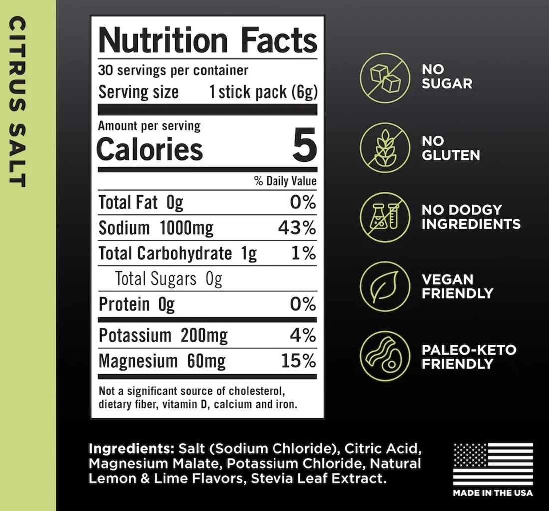 Nutrition facts panel for LMNT Citrus Salt showing 5 calories, 1,000 mg sodium at 43 percent daily value, 200 mg potassium, 60 mg magnesium, zero total sugars, and the full ingredient list