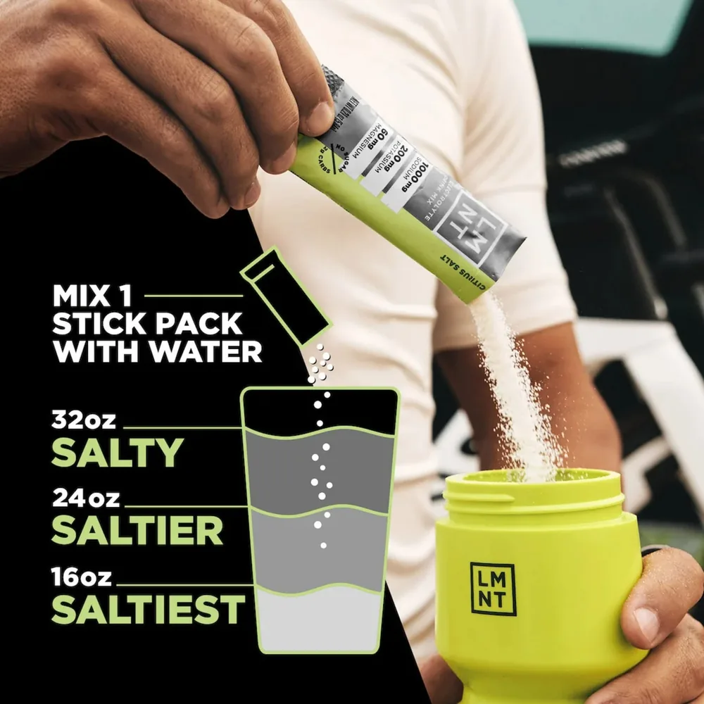 LMNT mixing guide showing one stick pack in 32 ounces as salty, 24 ounces as saltier and 16 ounces as saltiest