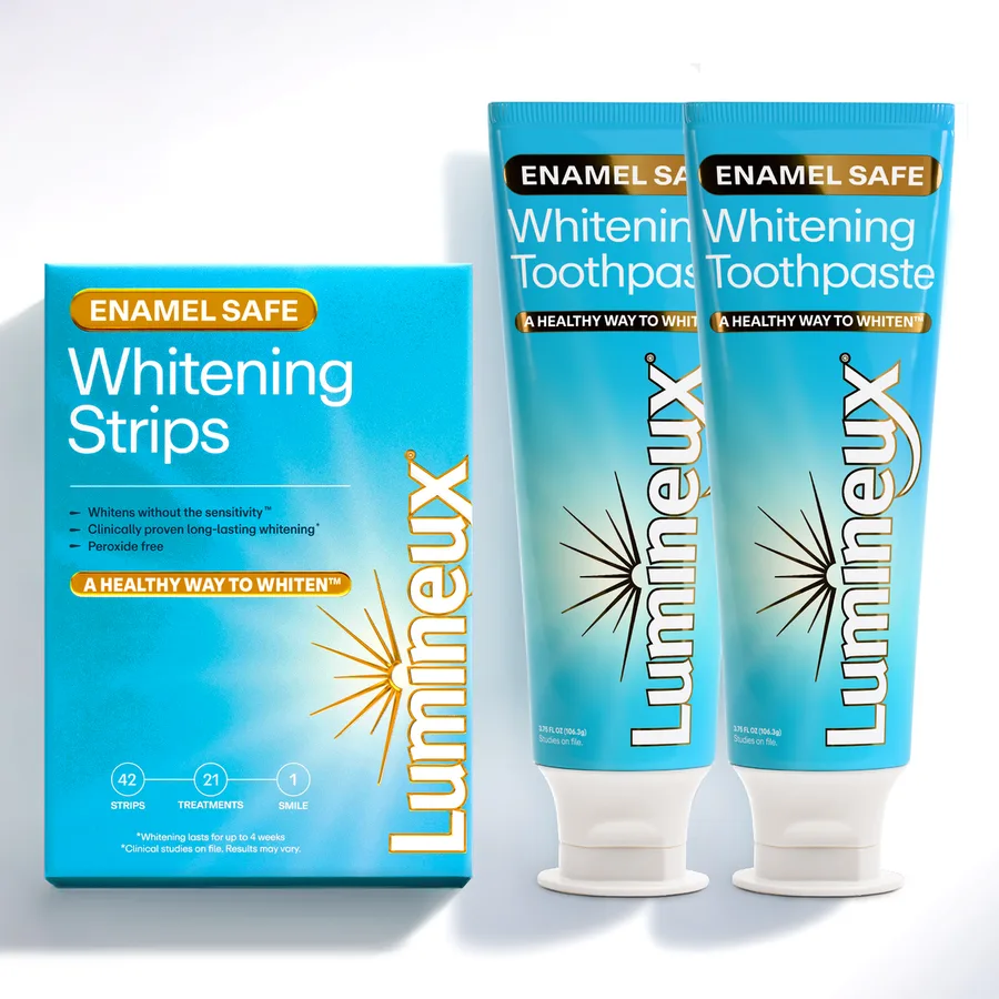 The Lumineux Duo Set: a whitening strips box beside two tubes of whitening toothpaste.