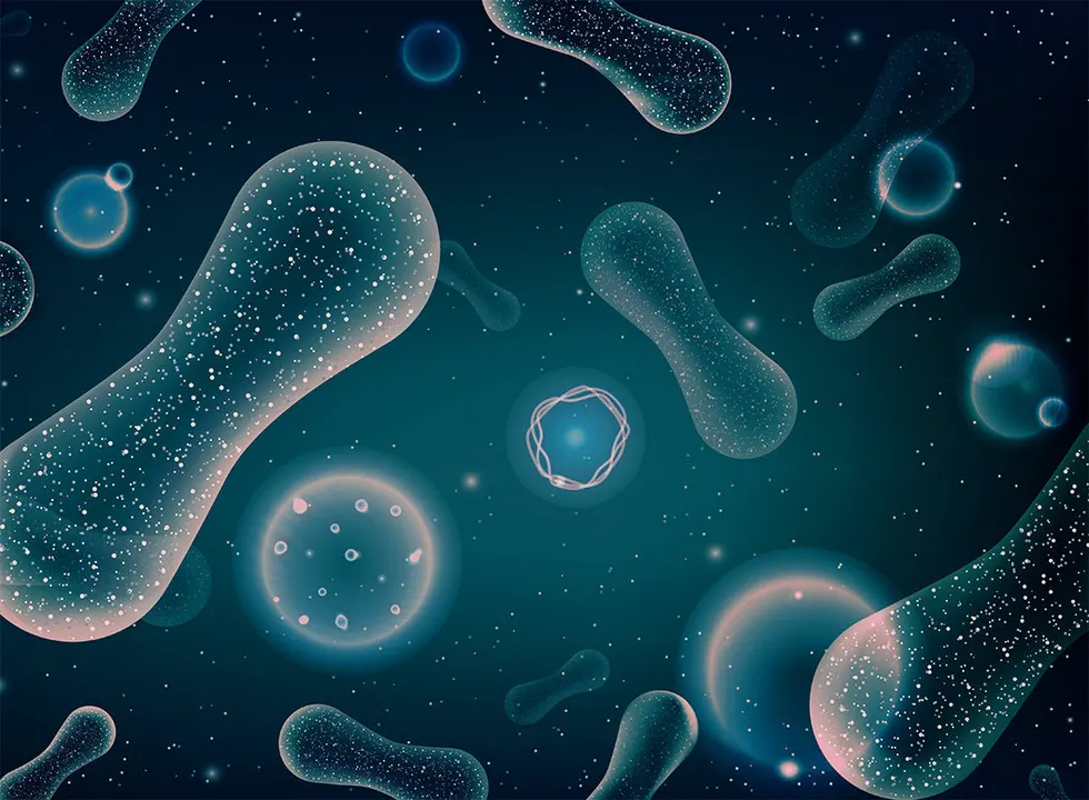 Illustration of bacteria on a dark blue field, used by Lumineux to picture the oral microbiome.