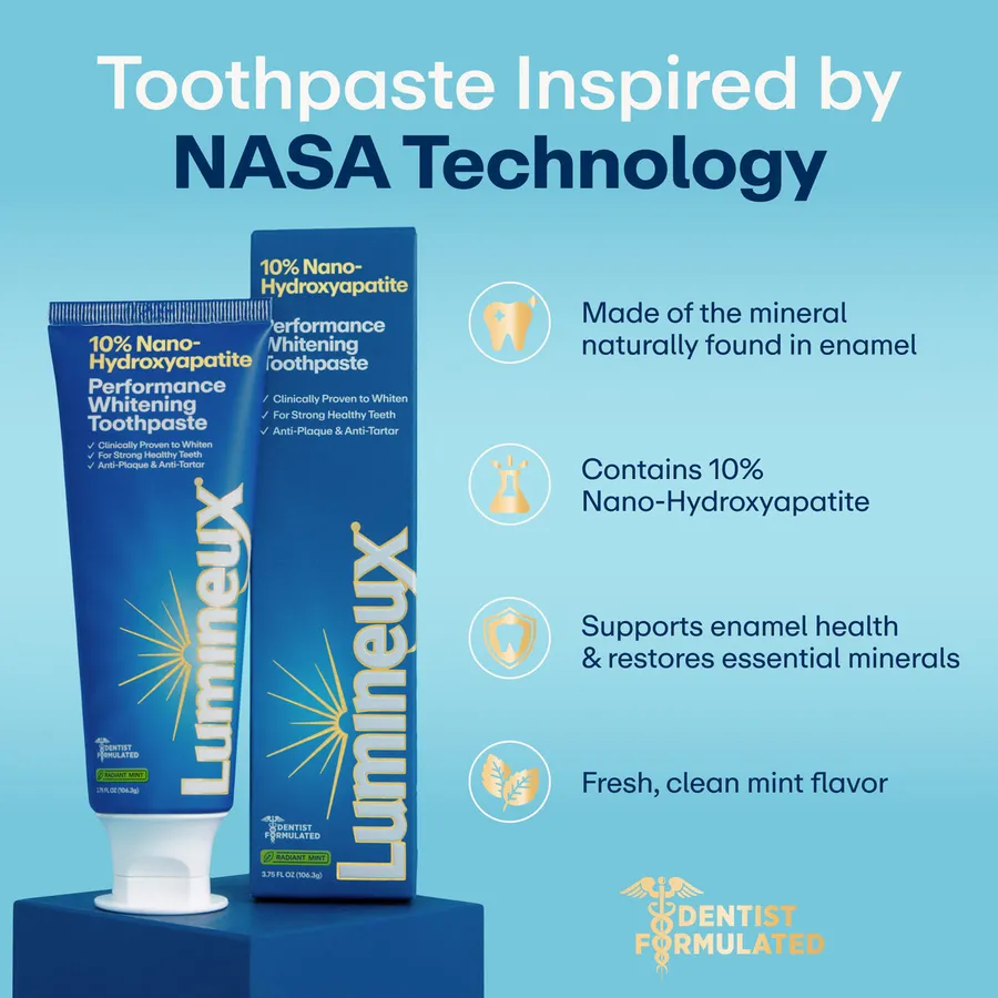 Lumineux product tile headed Toothpaste Inspired by NASA Technology, beside a tube of ten percent nano-hydroxyapatite toothpaste.