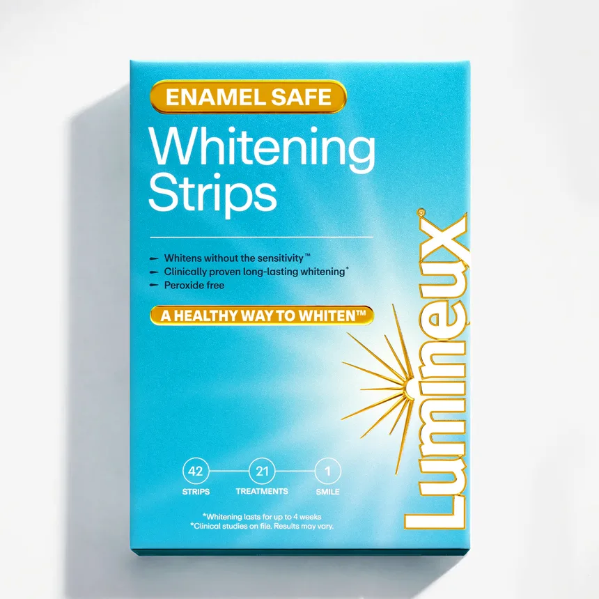 The Lumineux Super Pack teeth whitening strips box, twenty one treatments, marked enamel safe.