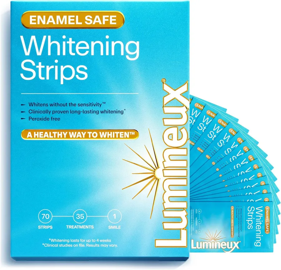 A Lumineux whitening strips box with the individual strip sachets fanned out beside it.