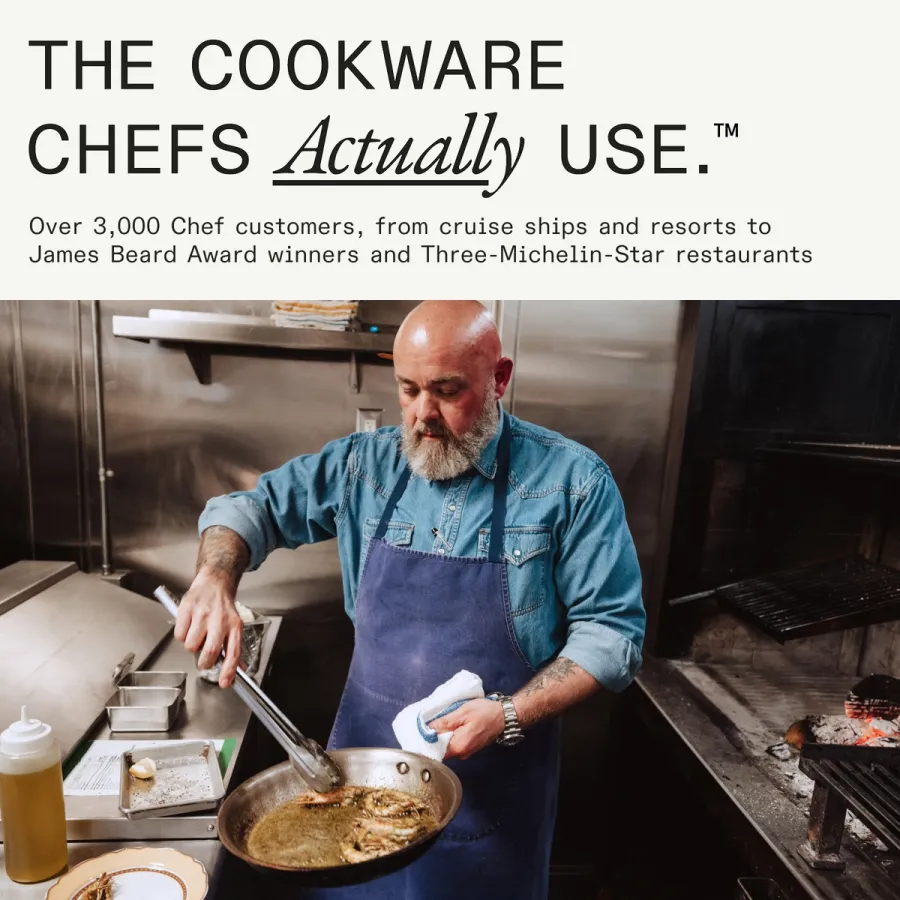 Made In statement reading The Cookware Chefs Actually Use, over 3,000 chef customers from cruise ships and resorts to James Beard Award winners and Three-Michelin-Star restaurants