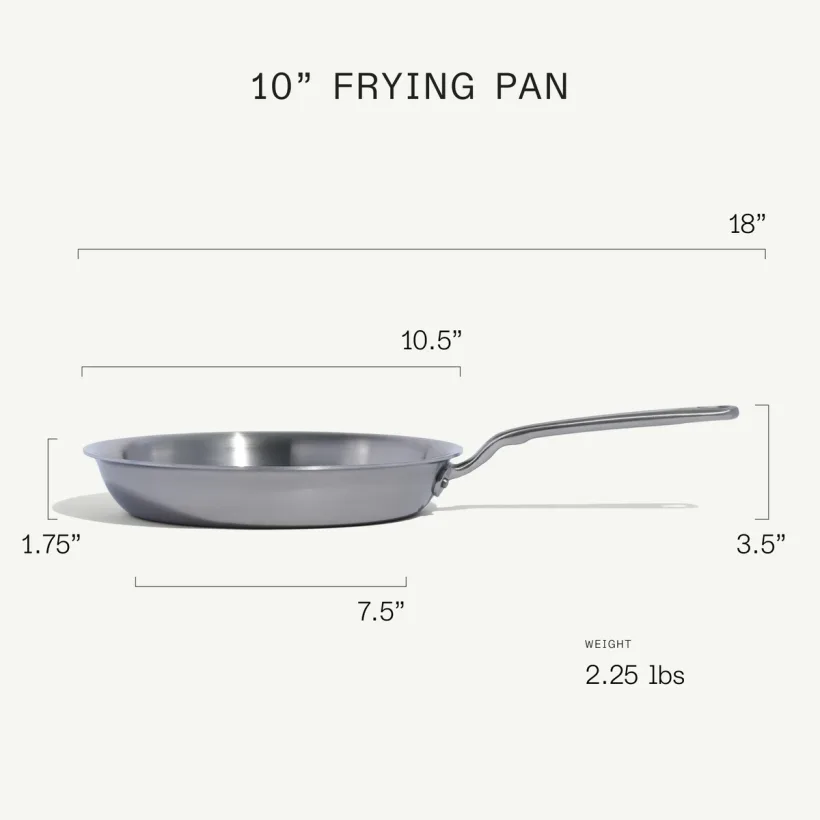 Dimension diagram of the 10 inch frying pan: 18 inches total length, 10.5 inches total diameter, 7.5 inch cooking surface, 3.5 inches tall, 2.25 pounds