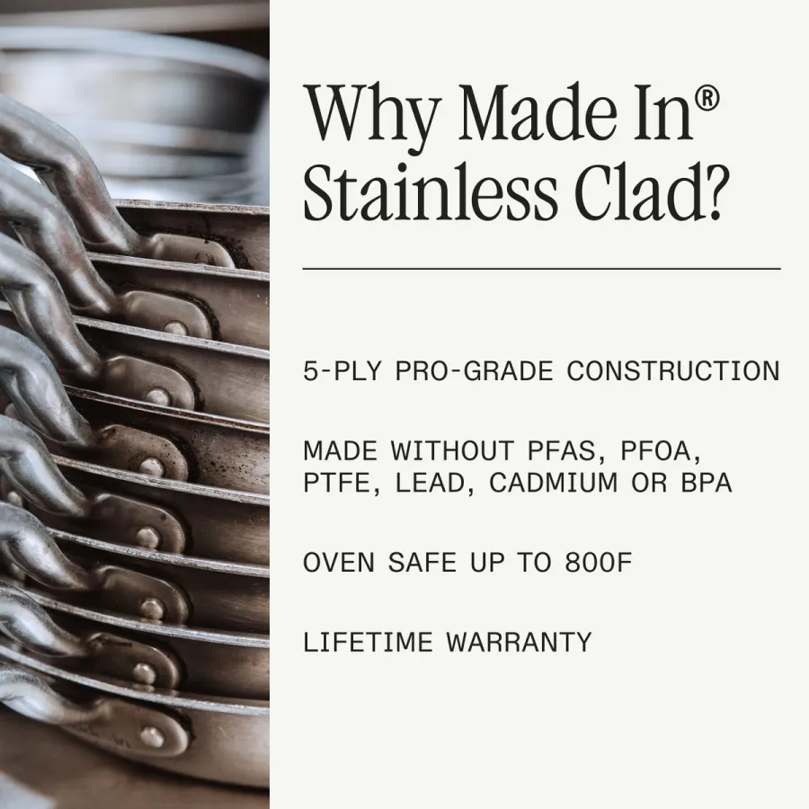 Made In specification card listing 5-ply pro-grade construction, no PFAS PFOA PTFE lead cadmium or BPA, oven safe up to 800F, and a lifetime warranty