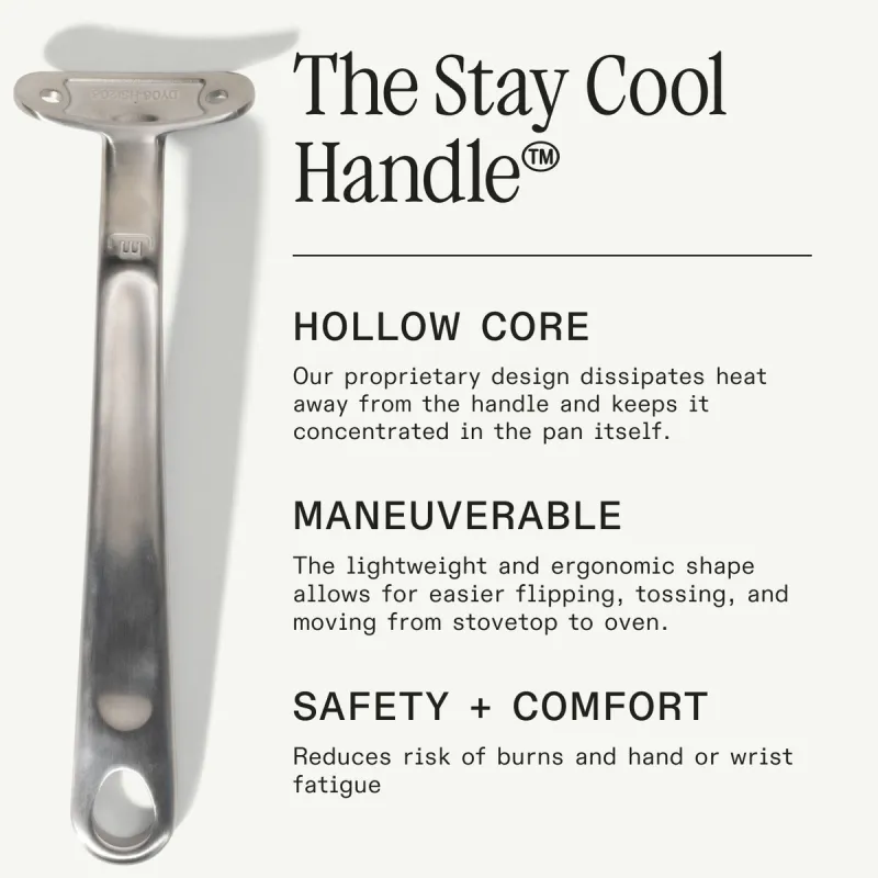 Made In diagram of the Stay Cool Handle, showing its hollow core, its ergonomic shape and its safety benefit
