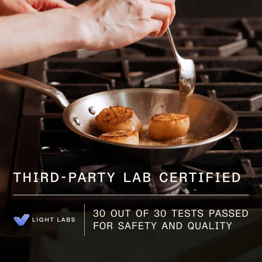 Scallops searing in a Made In pan, over a Made In statement that the cookware is third-party lab certified with 30 out of 30 tests passed for safety and quality