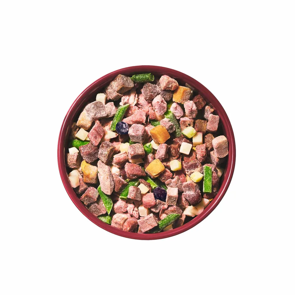 A bowl of Maev whole ingredient dog food, beef recipe, seen from above