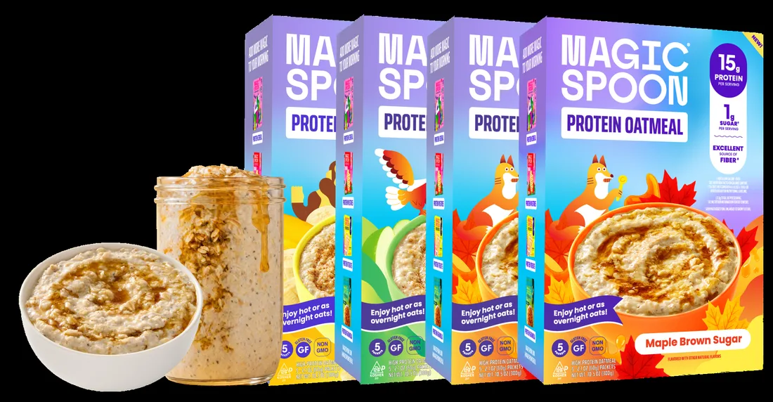 Four boxes of Magic Spoon Protein Oatmeal beside a prepared bowl and a jar of overnight oats