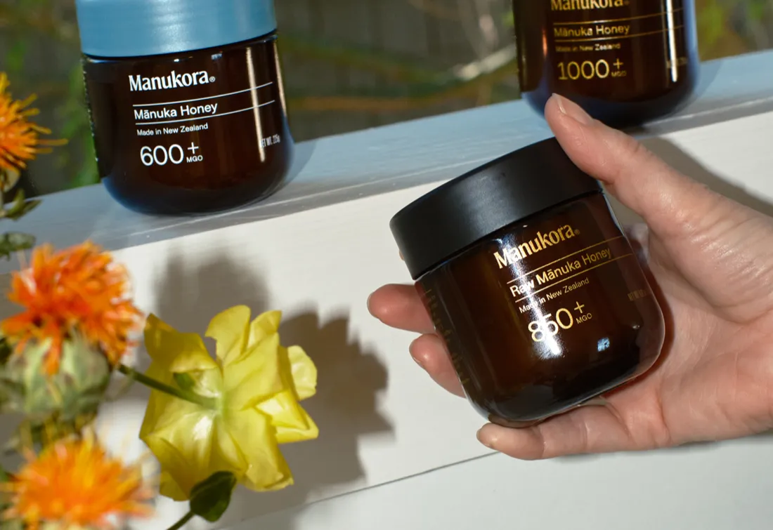 Three Manukora jars side by side showing MGO 600 plus, 850 plus and 1000 plus on identical labels