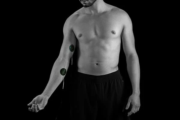 Channel A placement on the throwing arm, one pad on the bicep and one on the forearm flexor