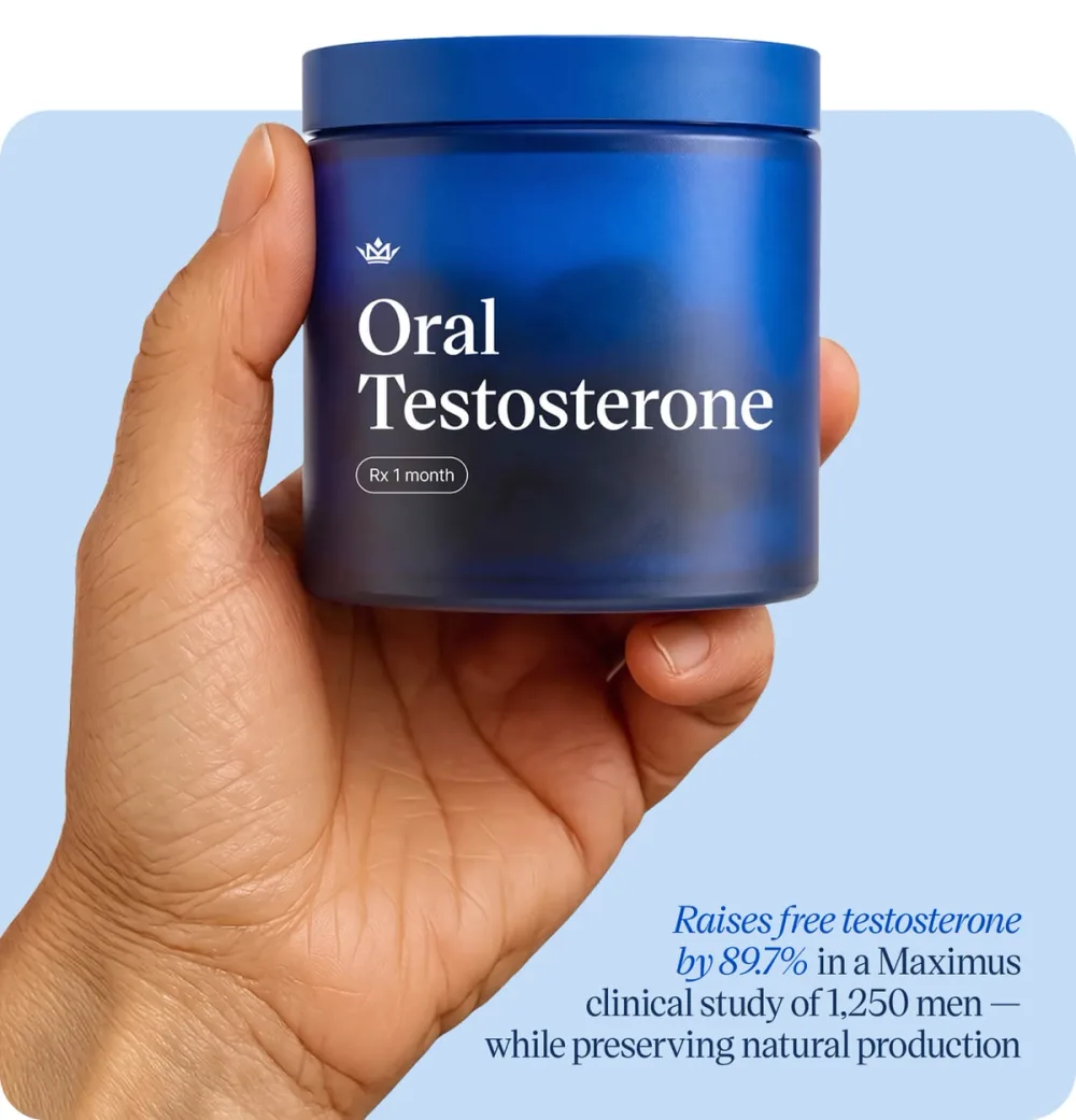 Hand holding a jar of Maximus Oral Testosterone