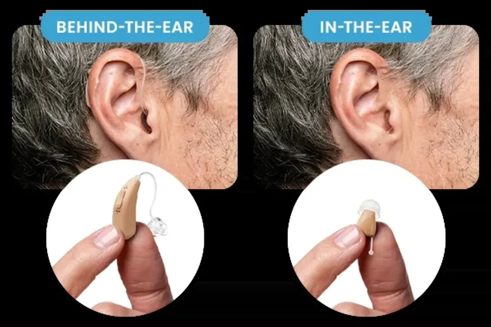 MDHearing comparison showing a behind-the-ear model and an in-the-ear model, each shown fitted in an ear and held between two fingers