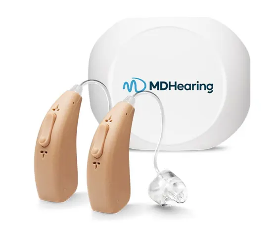 MDHearing VOLT 4 behind-the-ear hearing aids beside their round charging case