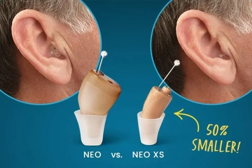 MDHearing's own comparison of the NEO and the NEO XS shown in two ears, labelled 50 percent smaller