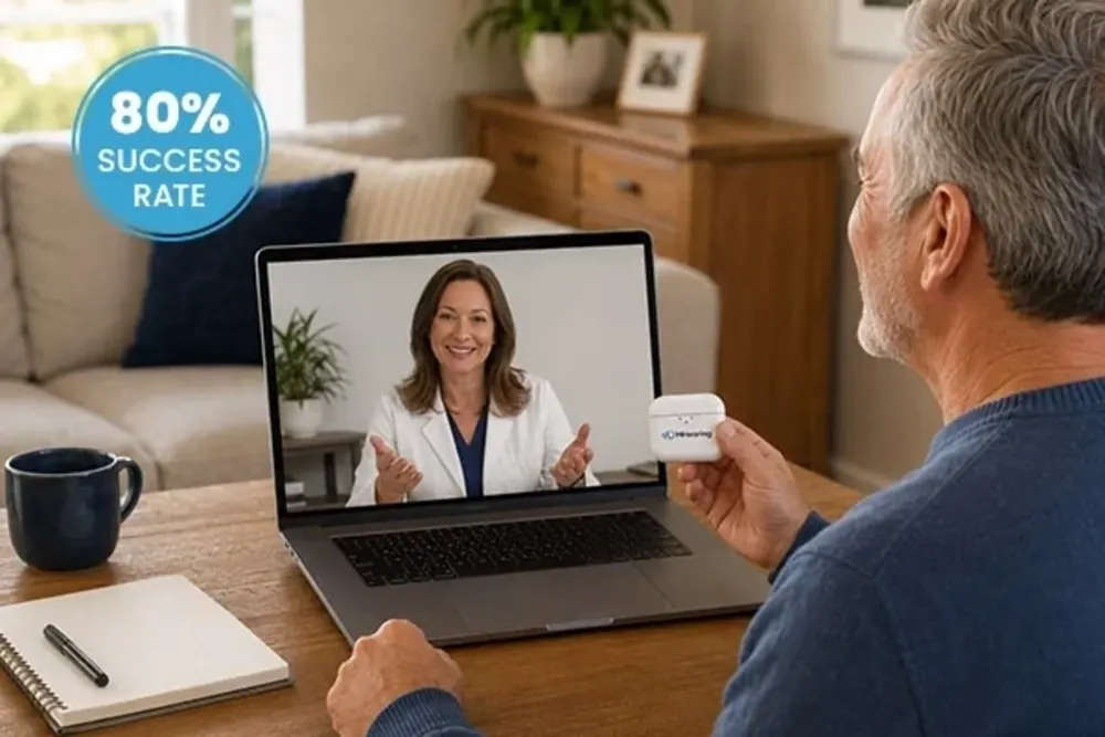 A man at home on a video call with an MDHearing specialist, with an 80 percent success rate badge