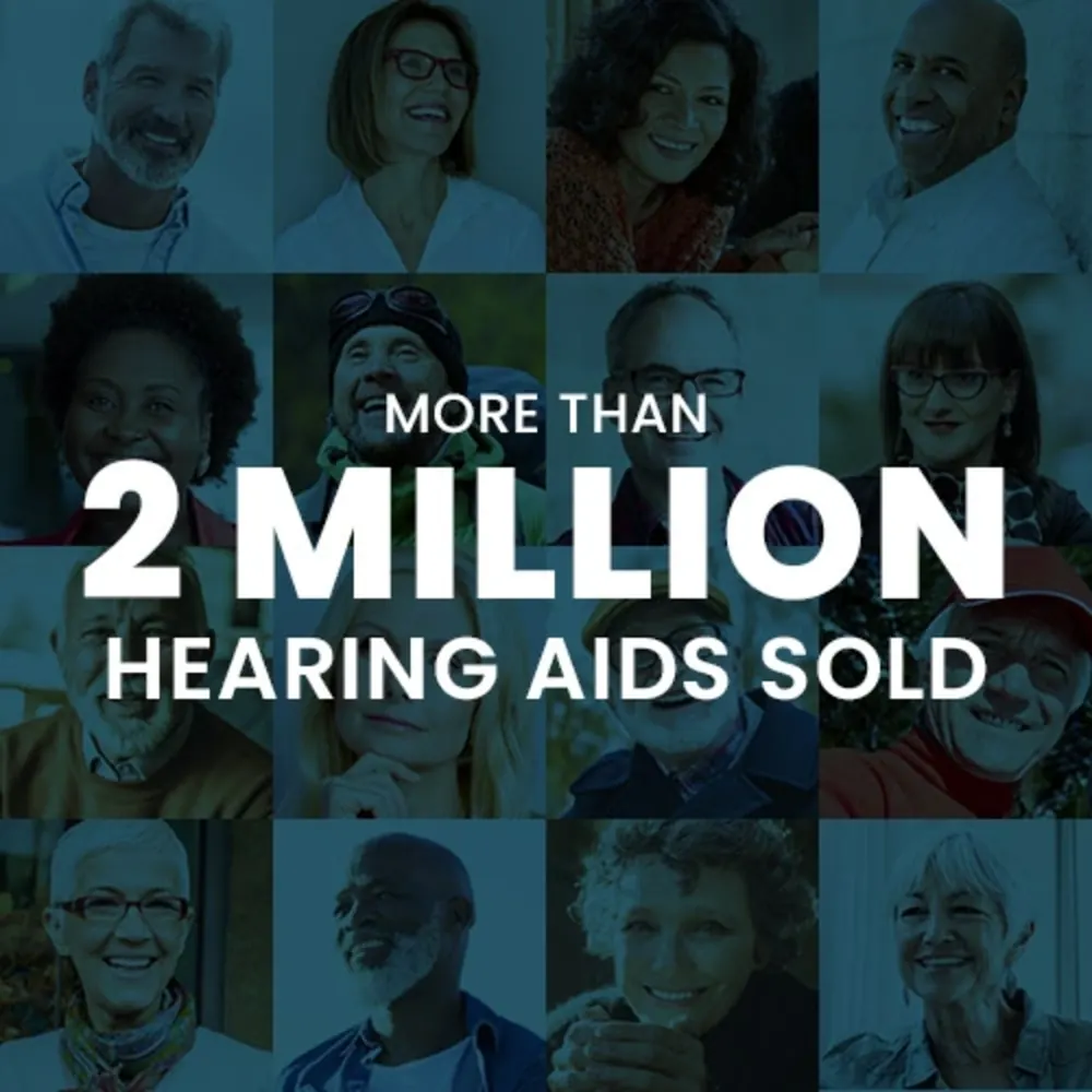 MDHearing graphic reading more than 2 million hearing aids sold, over a mosaic of customer photographs