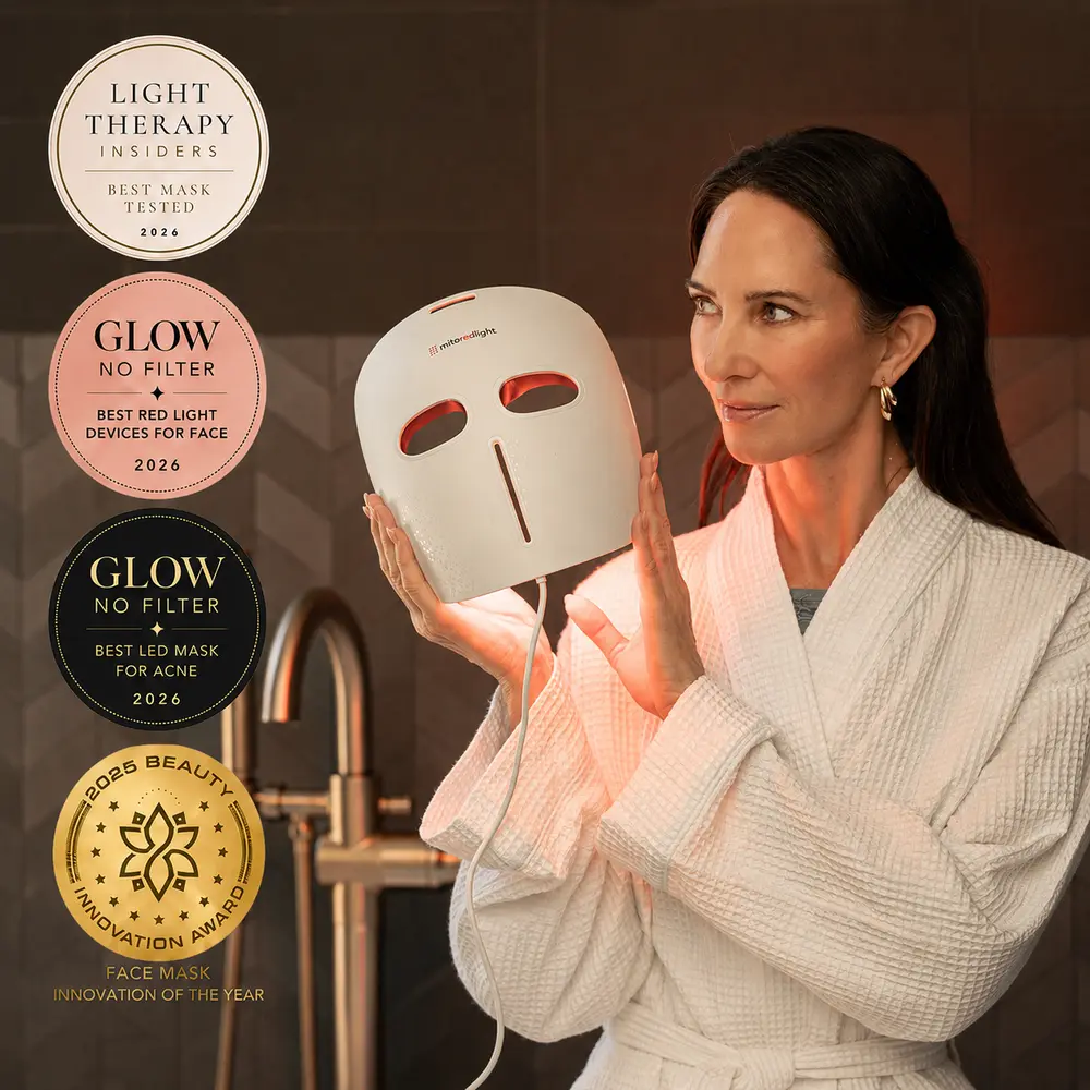 The MitoGLOW mask held up, with 2026 award badges