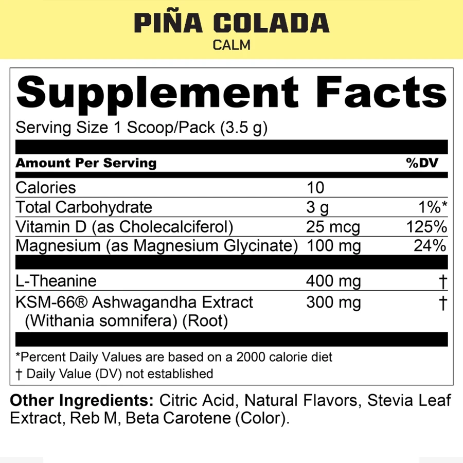 Supplement Facts panel for MTN OPS CALM, Pina Colada