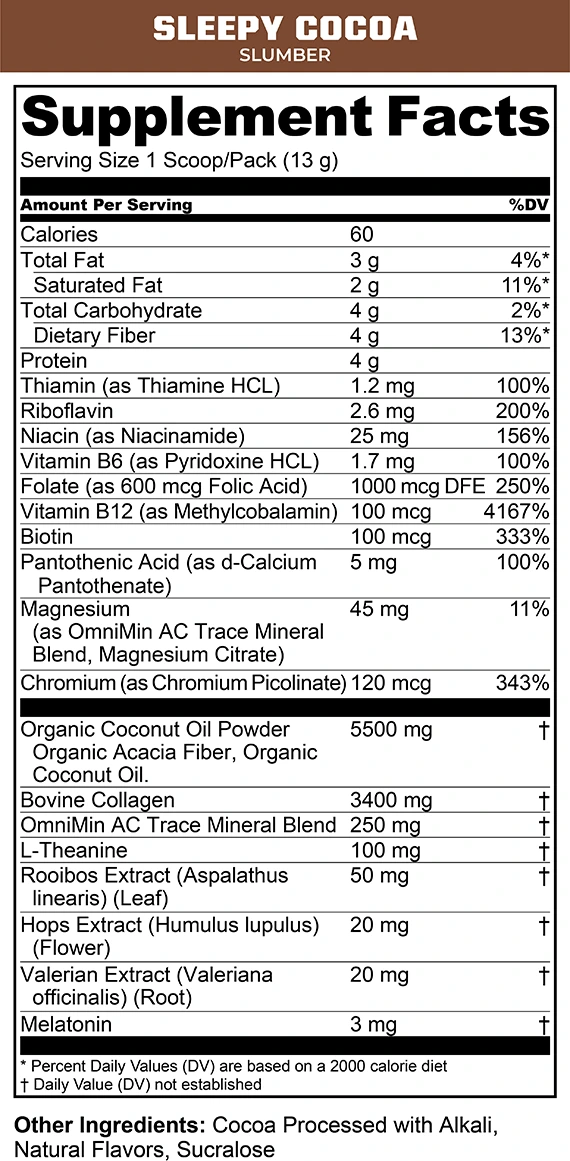 Supplement Facts panel for MTN OPS SLUMBER, Sleepy Cocoa