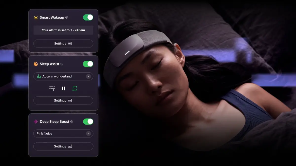 The Muse app sleep tools open beside a person falling asleep wearing the headband