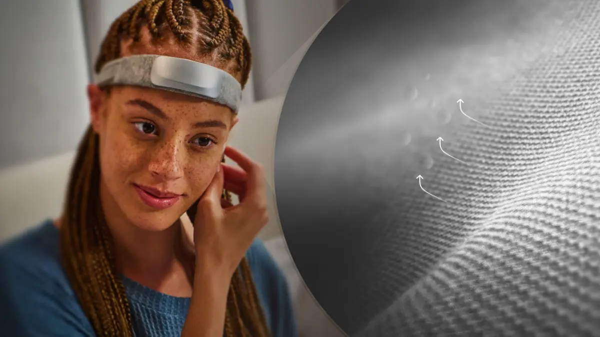 The knit fabric of the Muse headband shown in close up beside a person wearing it