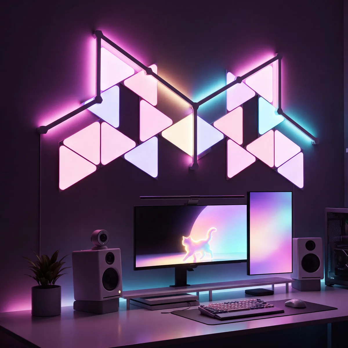 A desk setup lit by triangular light panels and light bars arranged on the wall in the outline of a cat, in pink, white and cyan.
