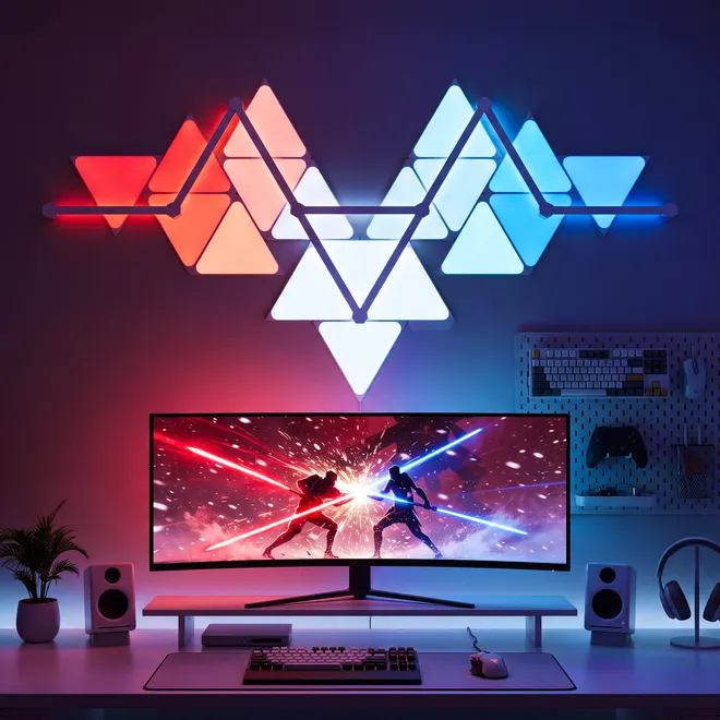 The same panels arranged as a blade shape in red, white and blue above a curved monitor.