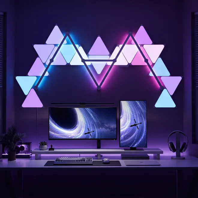 The same panels arranged as a jagged bridge in violet and blue above two monitors.