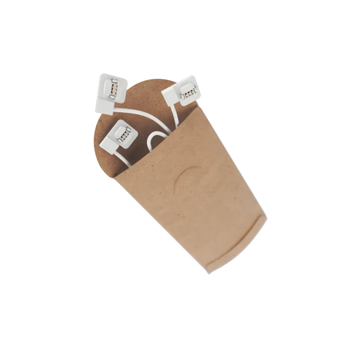 Three white flexible Nanoleaf linkers with connector heads in a small kraft sleeve.
