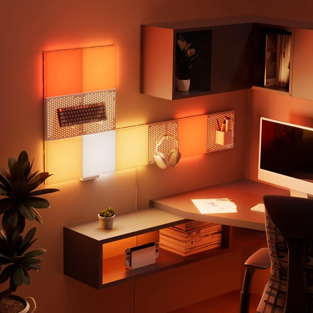 An office wall combining lit panels, shelves and light pegboards holding controllers and headphones.