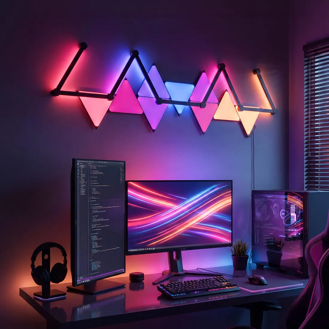 A bedroom wall lit by a cascade of light panels in deep blue and violet.