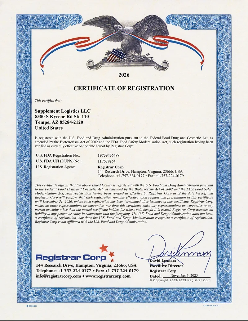 Certificate of registration issued by Registrar Corp confirming that Supplement Logistics LLC is registered with the US Food and Drug Administration