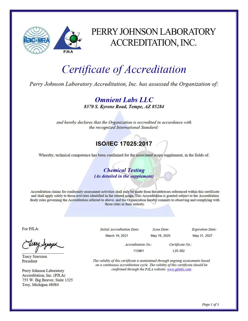Certificate of accreditation from Perry Johnson Laboratory Accreditation for Omnient Labs LLC to ISO/IEC 17025:2017 in the field of chemical testing