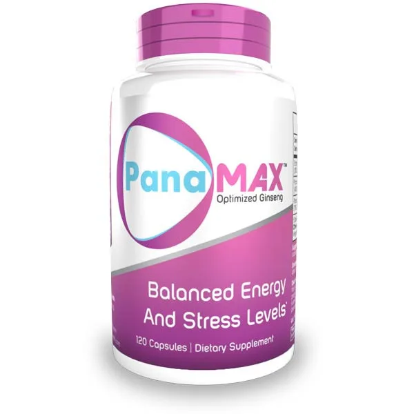 Bottle of PanaMAX Optimized Ginseng Capsules from Nootropics Depot, 120 count, on a white background
