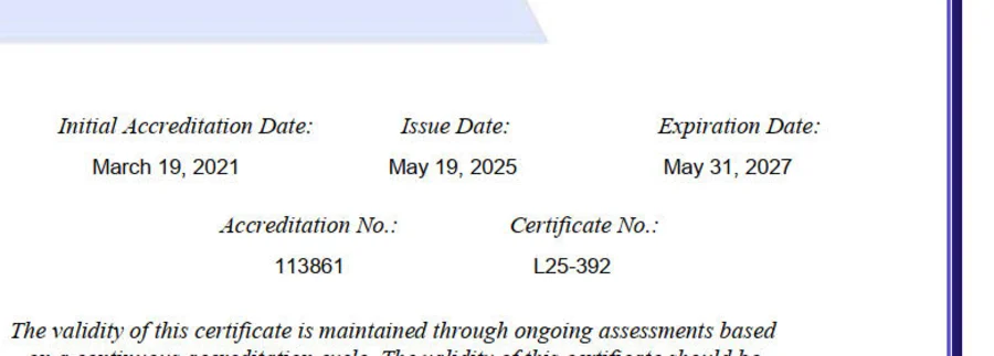 Detail of the accreditation certificate showing initial accreditation date March 19 2021, issue date May 19 2025, expiration May 31 2027, accreditation number 113861 and certificate number L25-392