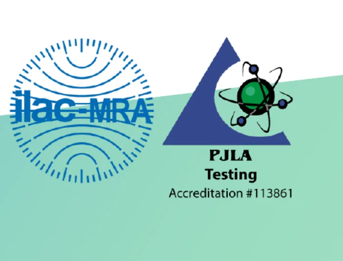 Detail of the certificate of analysis footer showing the ilac-MRA mark and the PJLA Testing seal with accreditation number 113861