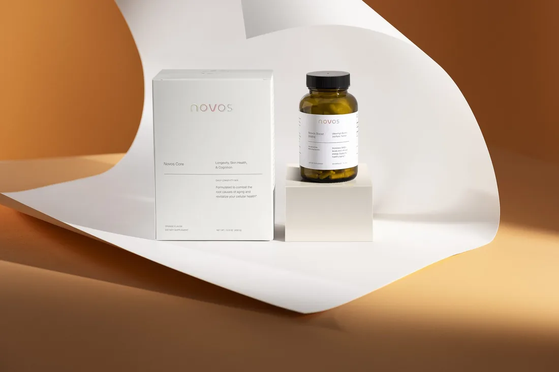 NOVOS Core box beside a bottle of NOVOS Boost