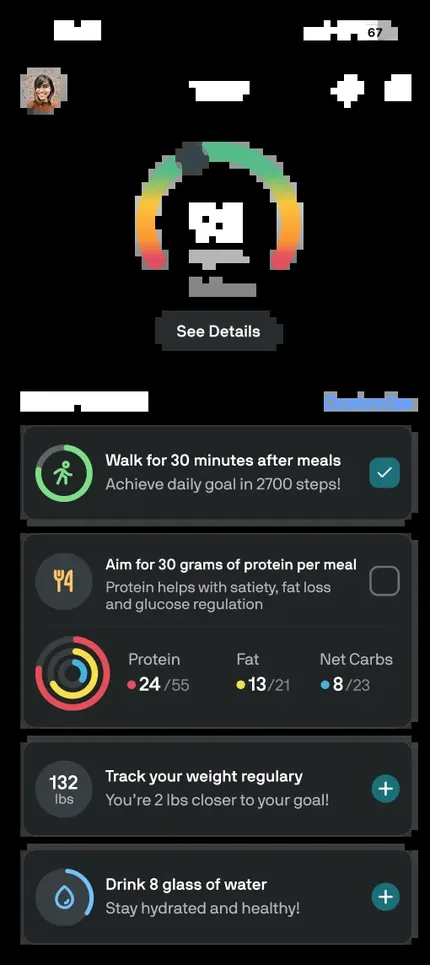 The Nutrisense app home screen showing a current glucose reading of 93 milligrams per decilitre and the day's focus items.